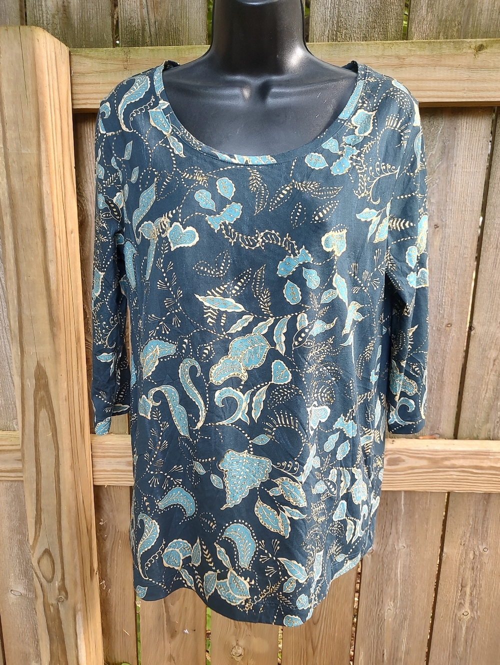 🏵️ Peruvian Connection Pima Cotton Blue Paisley Boho 3/4 Sleeve Shirt Medium